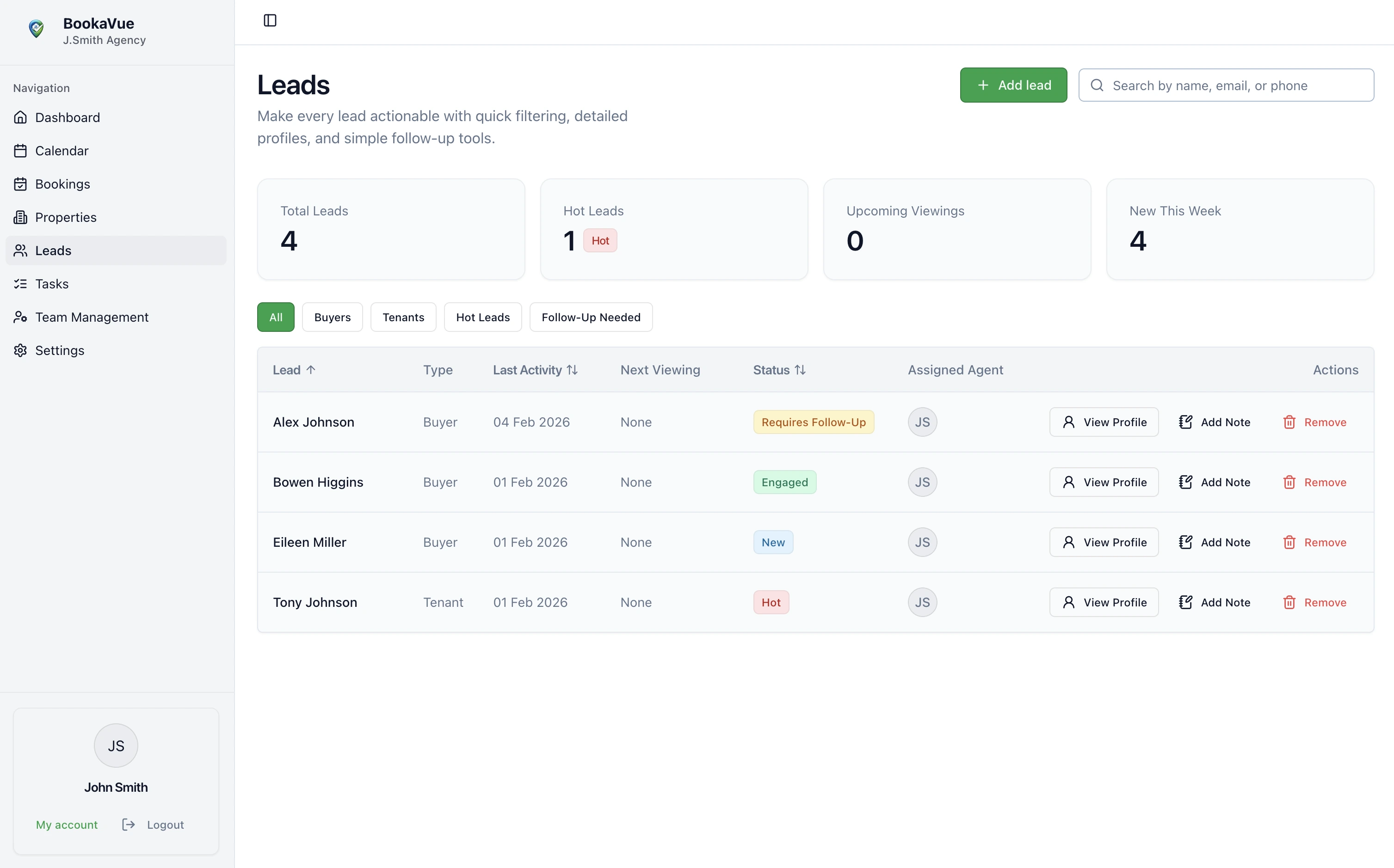 Lead profile view in BookaVue